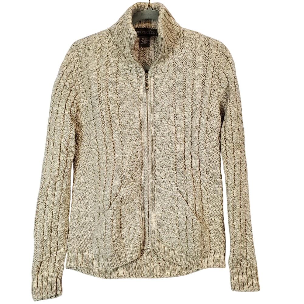 Inis Crafts Warm Merino Wool Chunky Knit Sweater Jacket M Fisherman Ireland Cozy